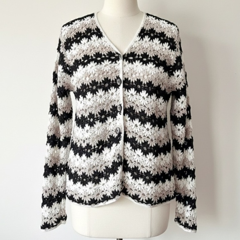 Hand Knit Vintage 90s Cardigan Floral Button Front Cotton Sweater Size XL
